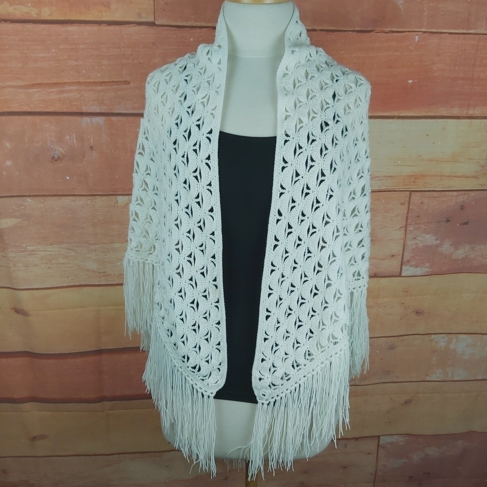Hand Crocheted Fringed Gipsy Shawl Handmade Big Scarf Boho